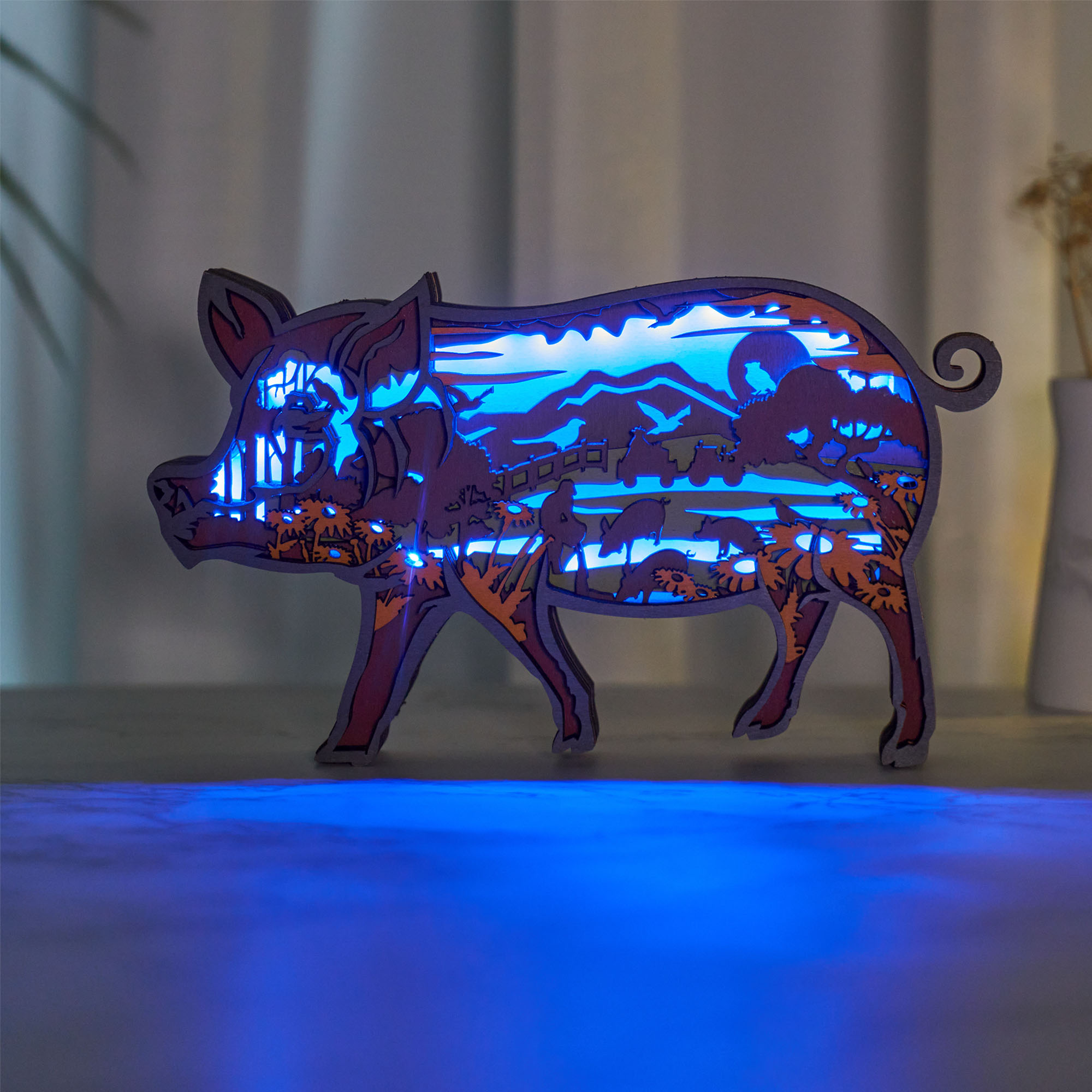 Pig Wooden Carving Light, Suitable For Bedroom, Bedside, Desk, Exquisite Night Light