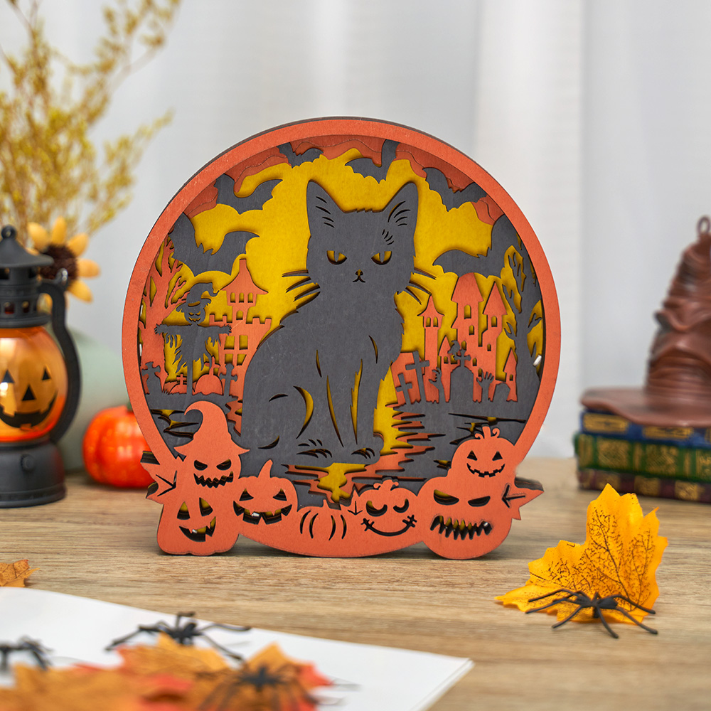 Halloween Black Cat 3D Wooden Carving, Suitable for Home Decoration, Holiday Gift