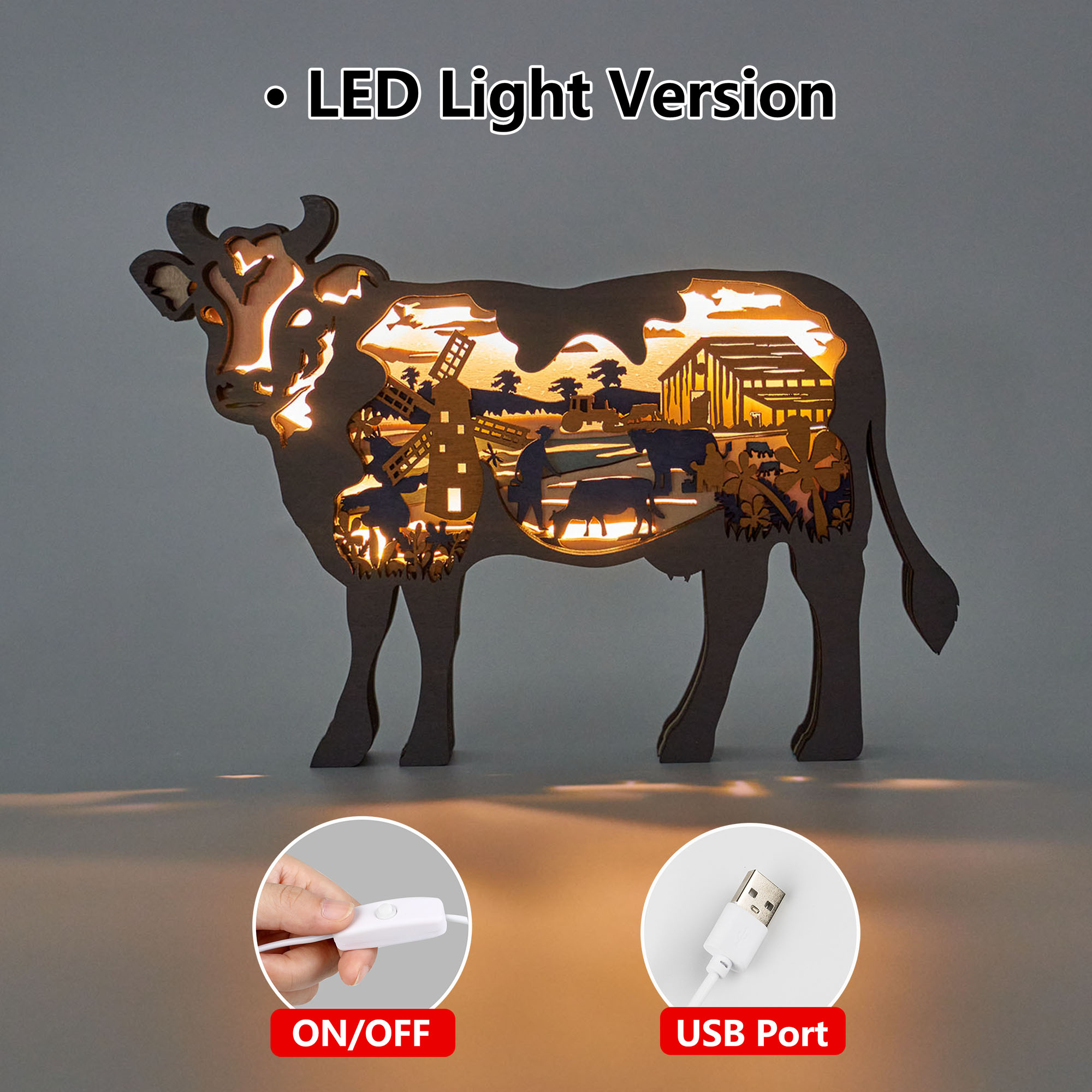 Cow Wooden Animal Statues, for Home Desktop & Room Wall Decor, LED Night Light, Gift for Family