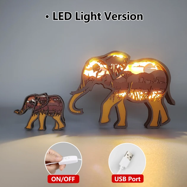 Elephant Wood Animal Statue Lamp with Voice Control and Remote Control