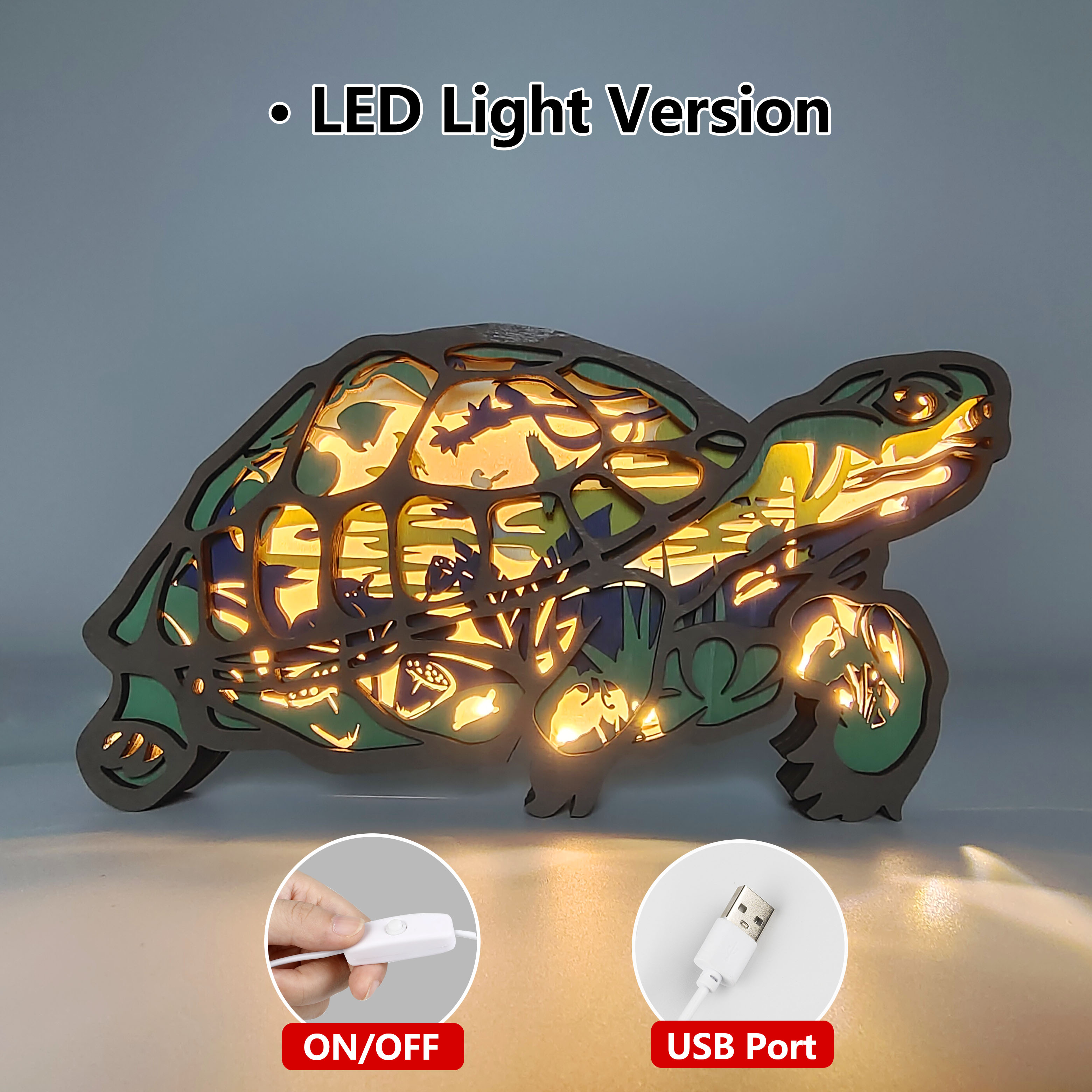 Tortoise Wood Animal Statue Lamp with Voice Control and Remote Control