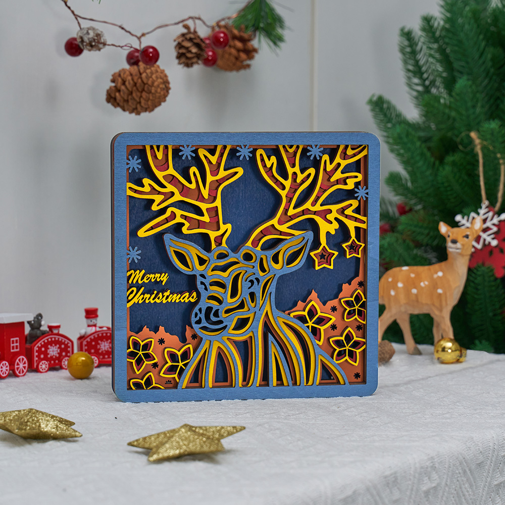 Christmas Deer  3D Wooden Carving, Suitable for Home Decoration, Holiday Gift, APP and Remote Contro