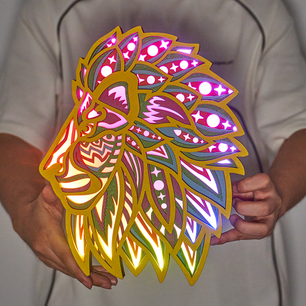 Lion Looking Up Wood Carving Light with APP Control and Remote Control