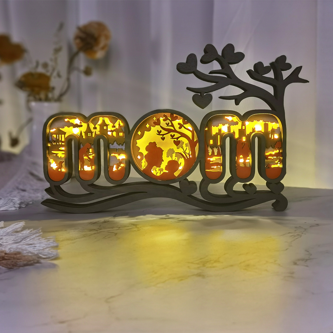 Mom Figure LED Wooden Night Light with Voice Control and Remote Control