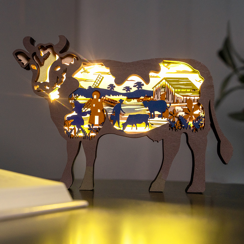 Cow Wooden Animal Statues, for Home Desktop & Room Wall Decor, LED Night Light, Gift for Family