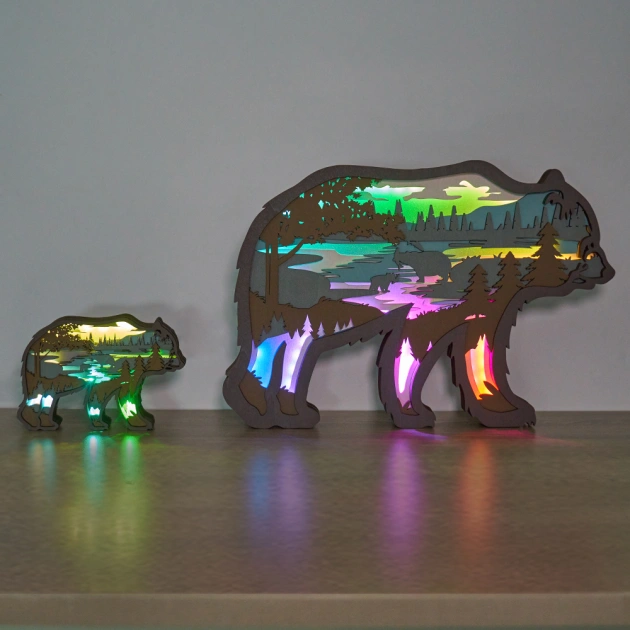Grizzly Bears Wood Animal Statue Lamp with Voice Control and Remote Control