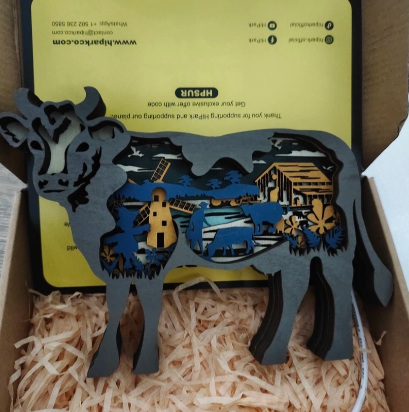 Cow Wooden Animal Statues, for Home Desktop & Room Wall Decor, LED Night Light, Gift for Family