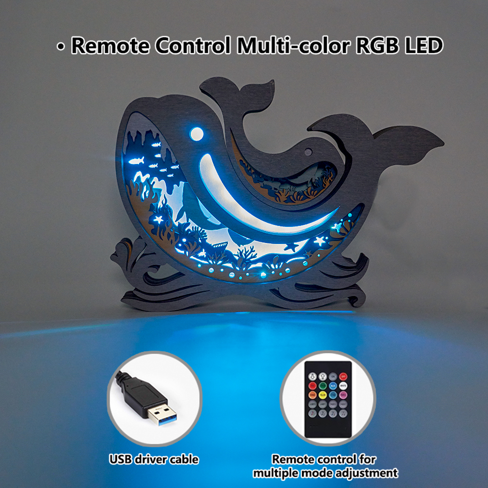 Blue Whale Wooden Night Light With Voice Control and Remote Control