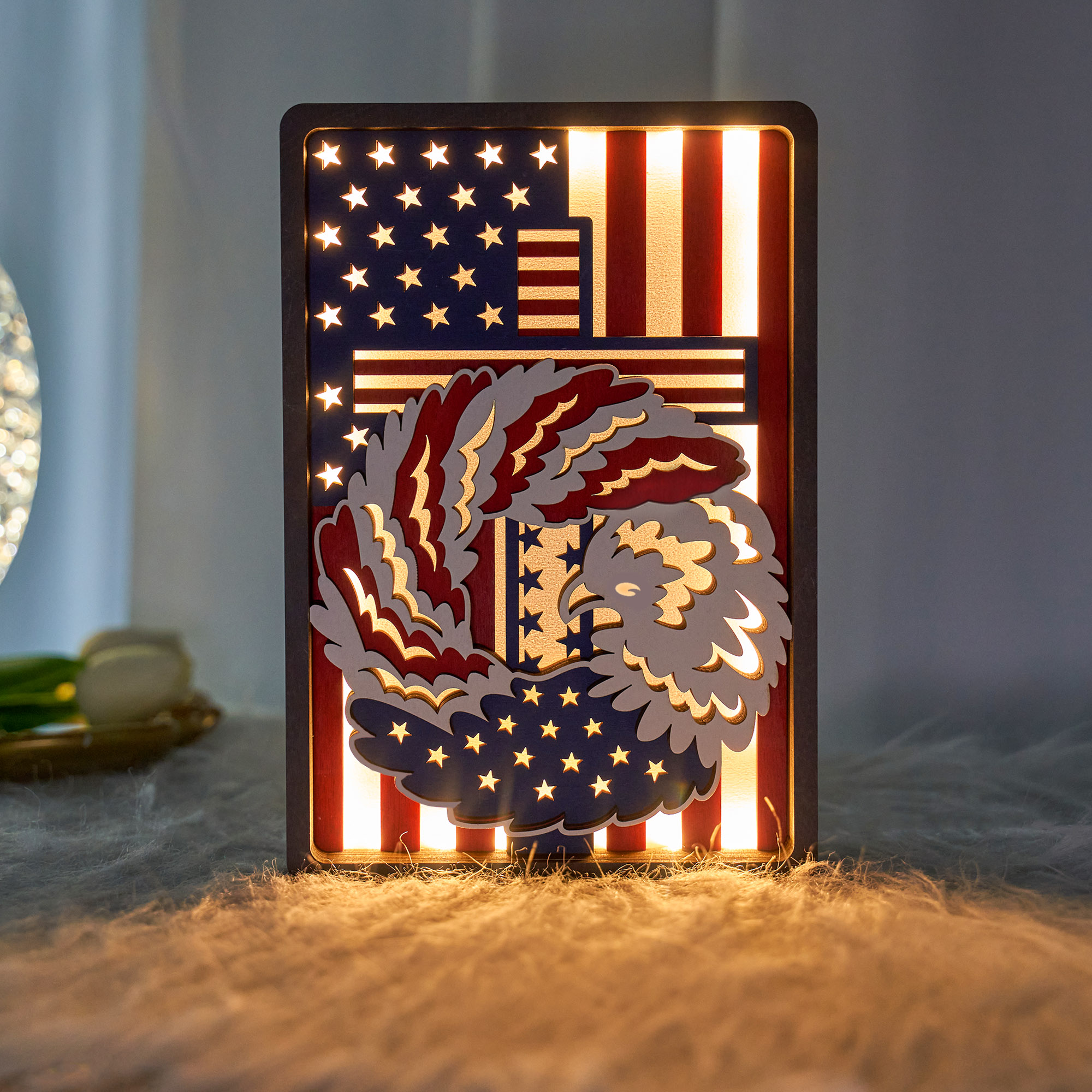 Eagle Wreath of Independence Day LED Wooden Night Light Gift for Festival Home Desktop Decor