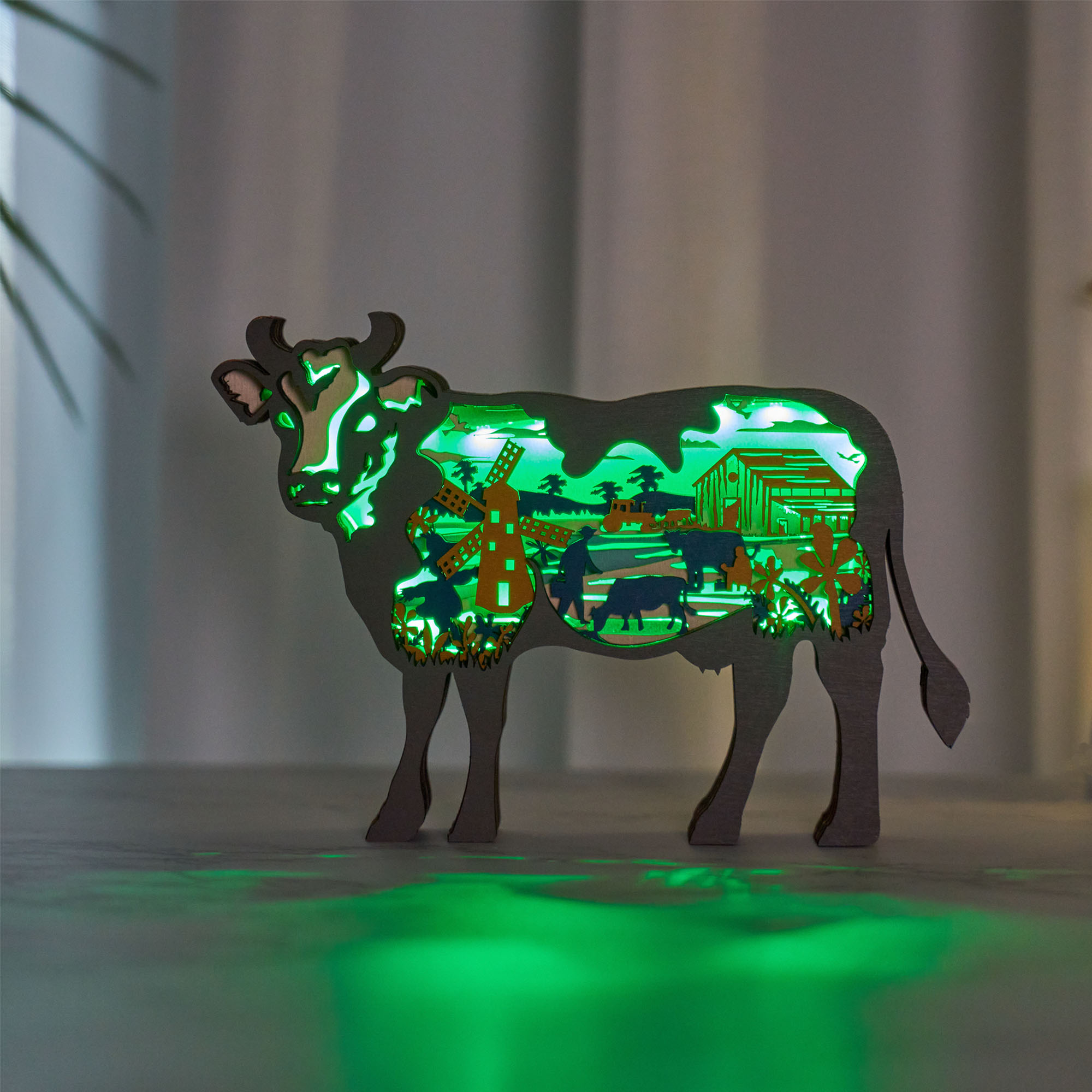 Cow Wooden Animal Statues, for Home Desktop & Room Wall Decor, LED Night Light, Gift for Family