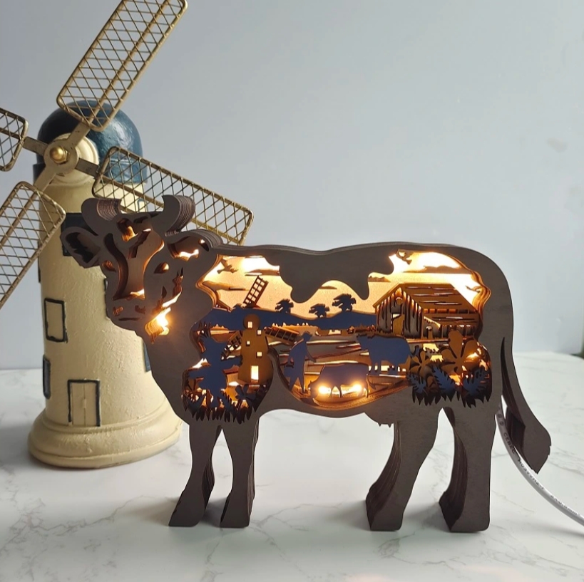 Cow Wooden Animal Statues, for Home Desktop & Room Wall Decor, LED Night Light, Gift for Family