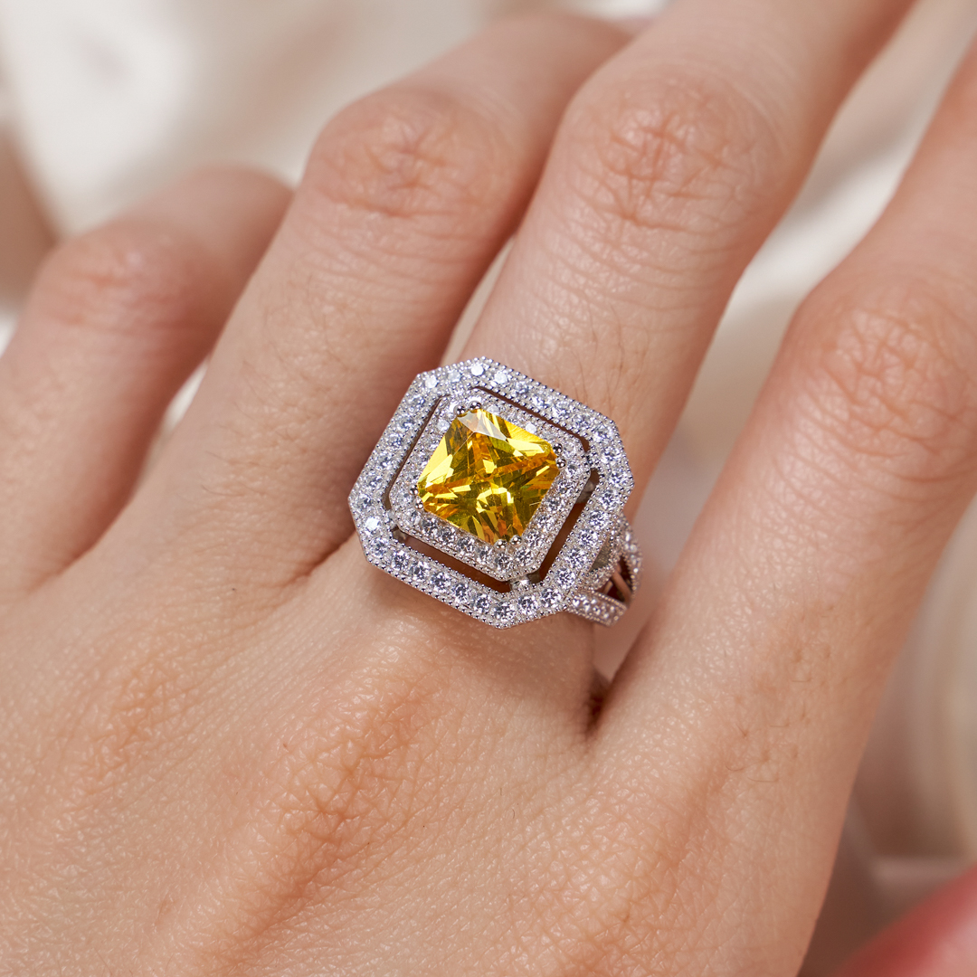 4 Carat Yellow Cubic Zirconia Double Halo Ring, Engagement, Birthday Gifts, Anniversary