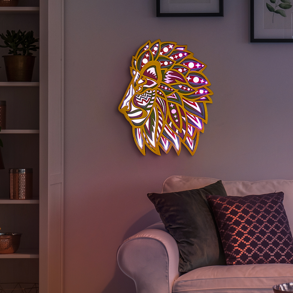 Lion Looking Up Wood Carving Light with APP Control and Remote Control