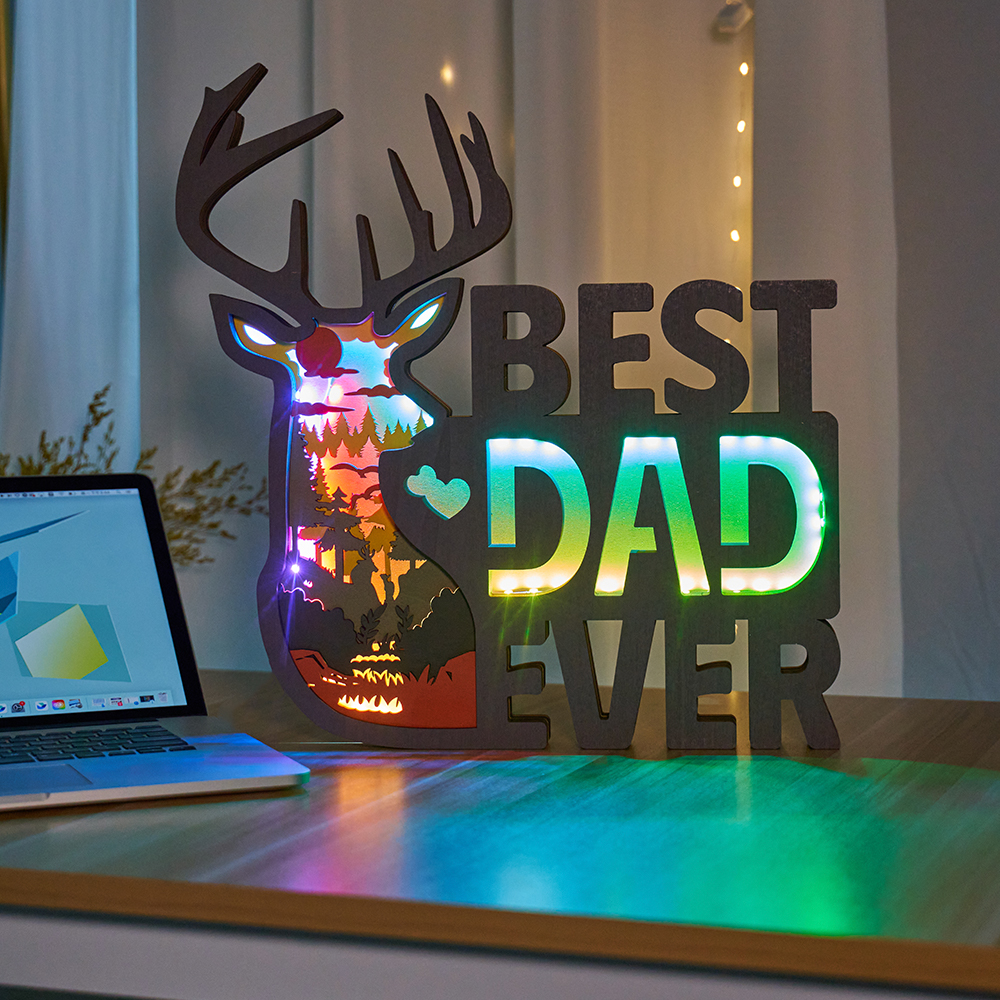Best Dad Ever Reindeer Wooden Night Light Gift for Father Home Desktop Decor