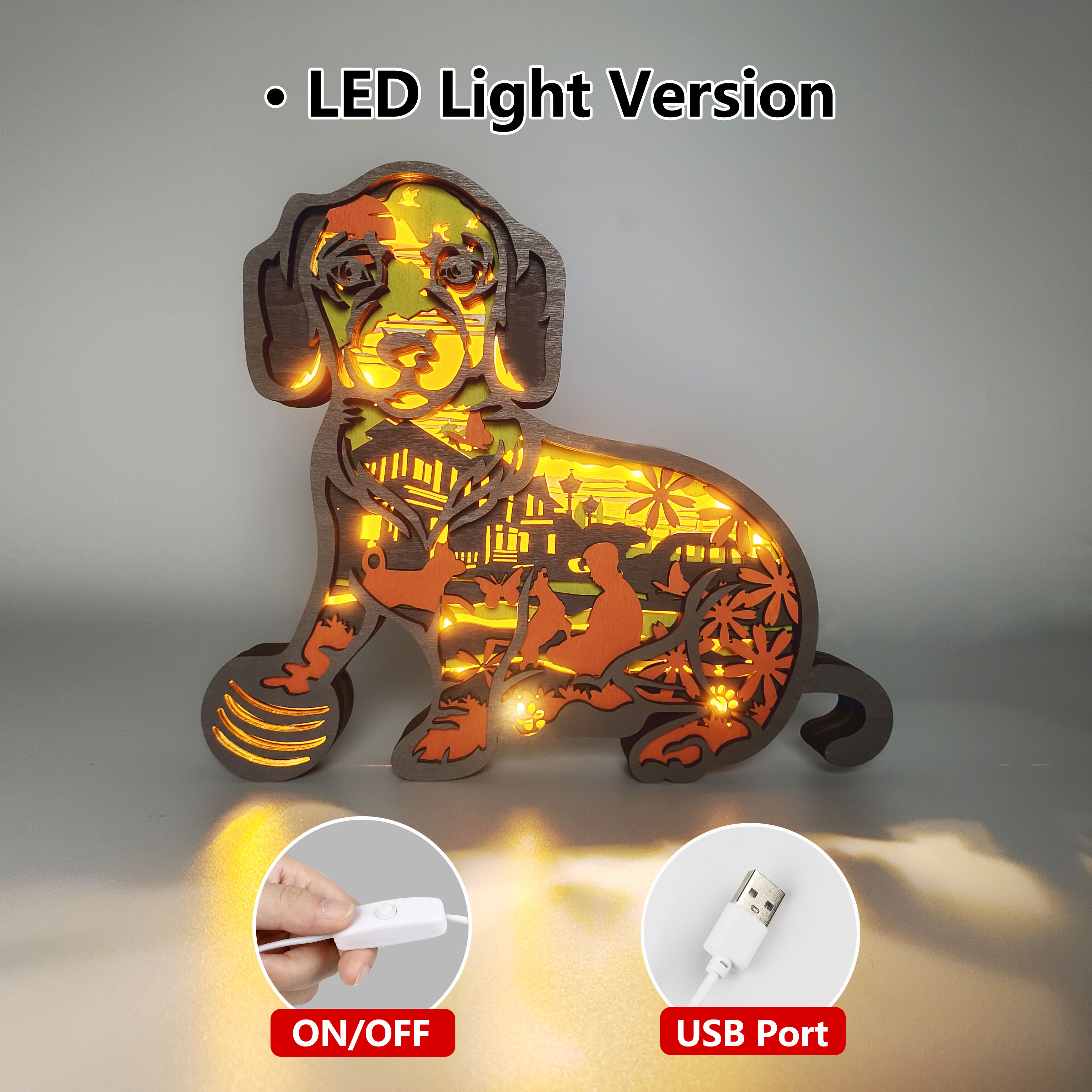 Dachshund 3D Wood Animal Statue Lamp with Voice Control and Remote Control