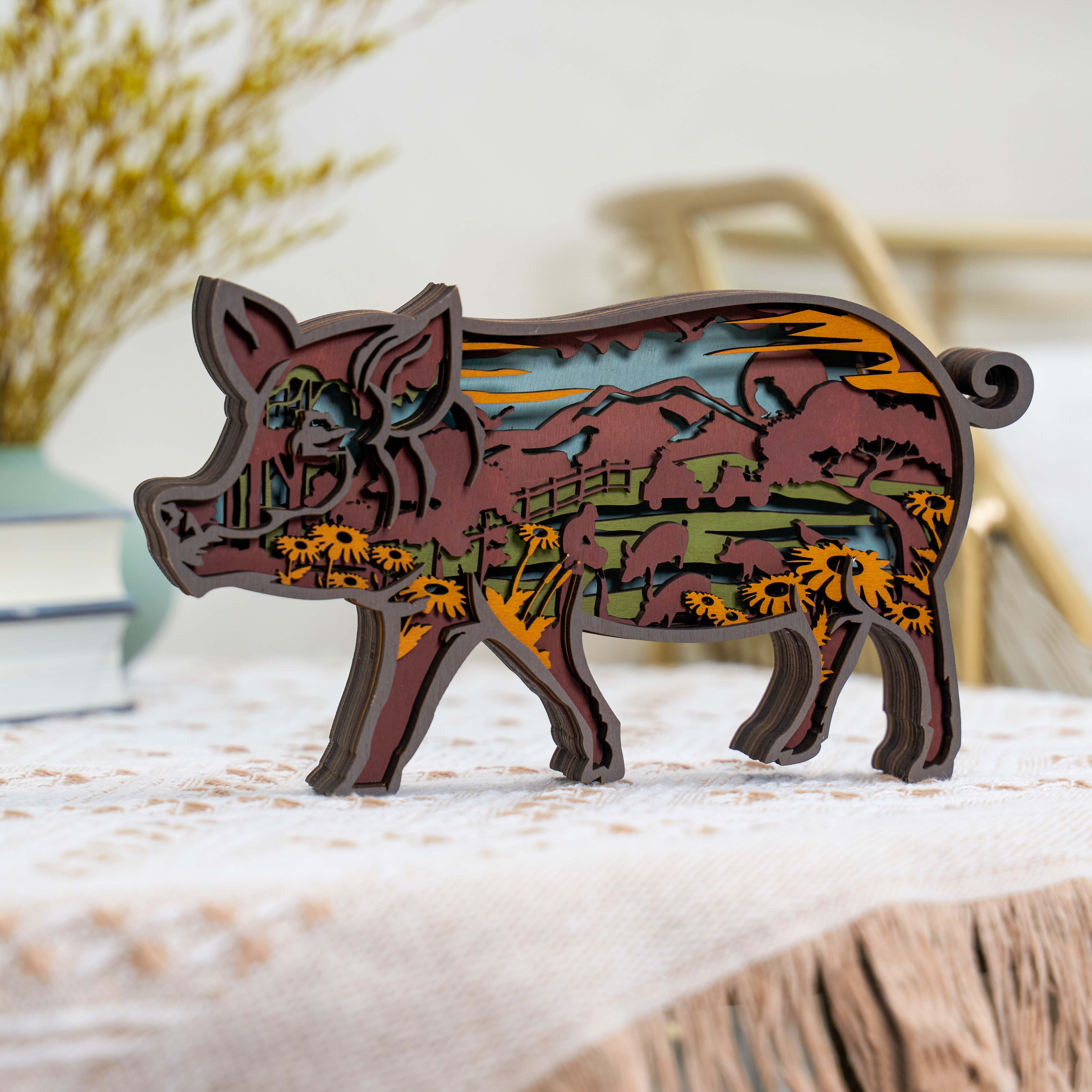 Pig Wooden Carving Light, Suitable For Bedroom, Bedside, Desk, Exquisite Night Light