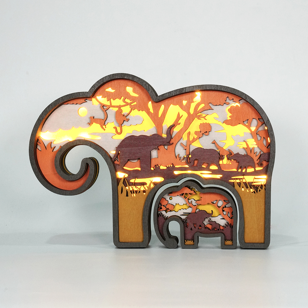 Elephant & Baby LED Wooden Night Light With Voice Control and Remote Control