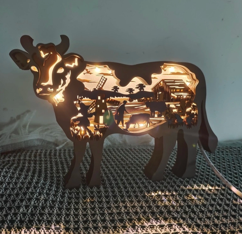 Cow Wooden Animal Statues, for Home Desktop & Room Wall Decor, LED Night Light, Gift for Family