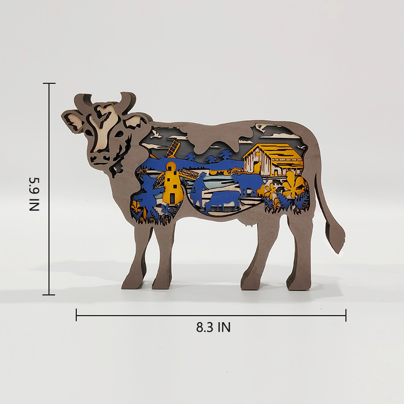 Cow Wooden Animal Statues, for Home Desktop & Room Wall Decor, LED Night Light, Gift for Family