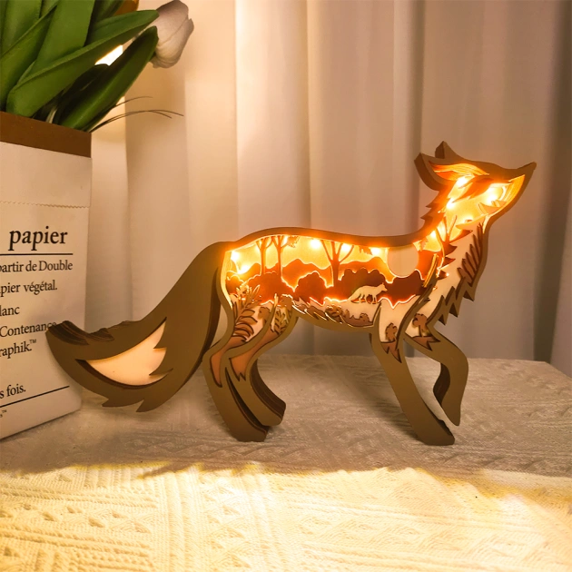 Fox Wood Animal Statue Lamp with Voice Control and Remote Control