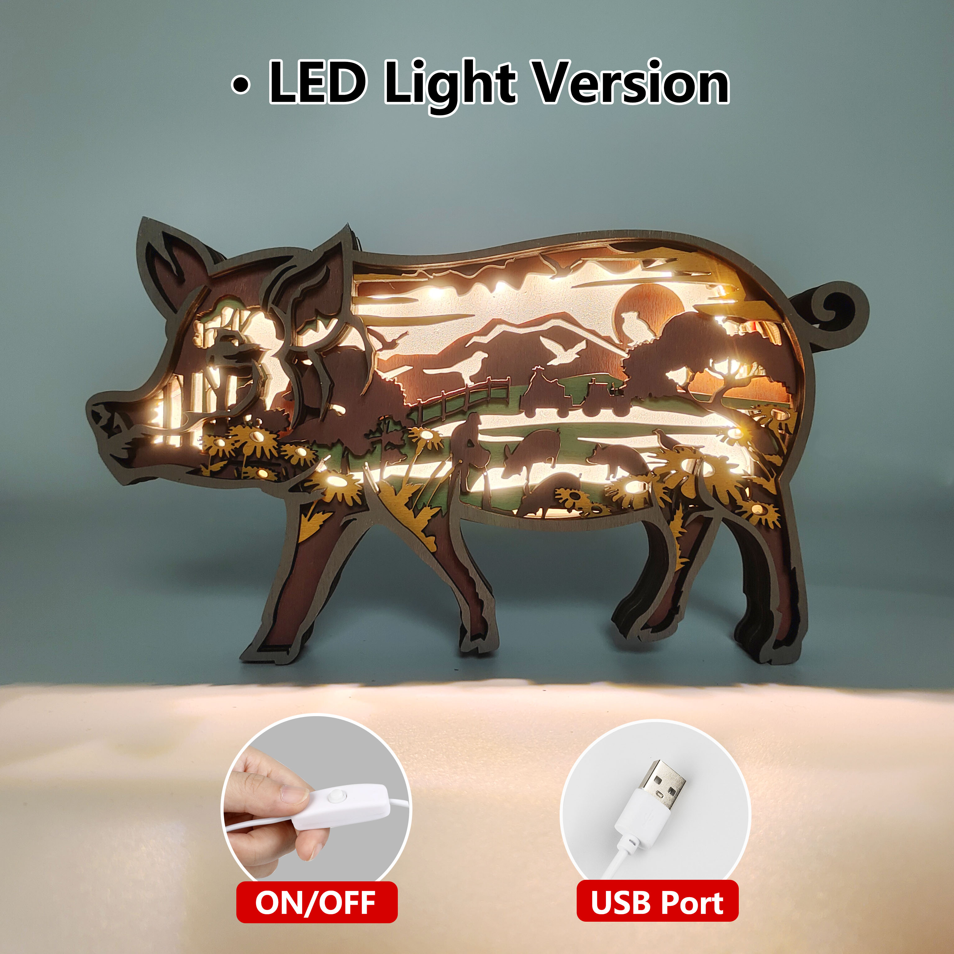 Pig Wooden Carving Light, Suitable For Bedroom, Bedside, Desk, Exquisite Night Light