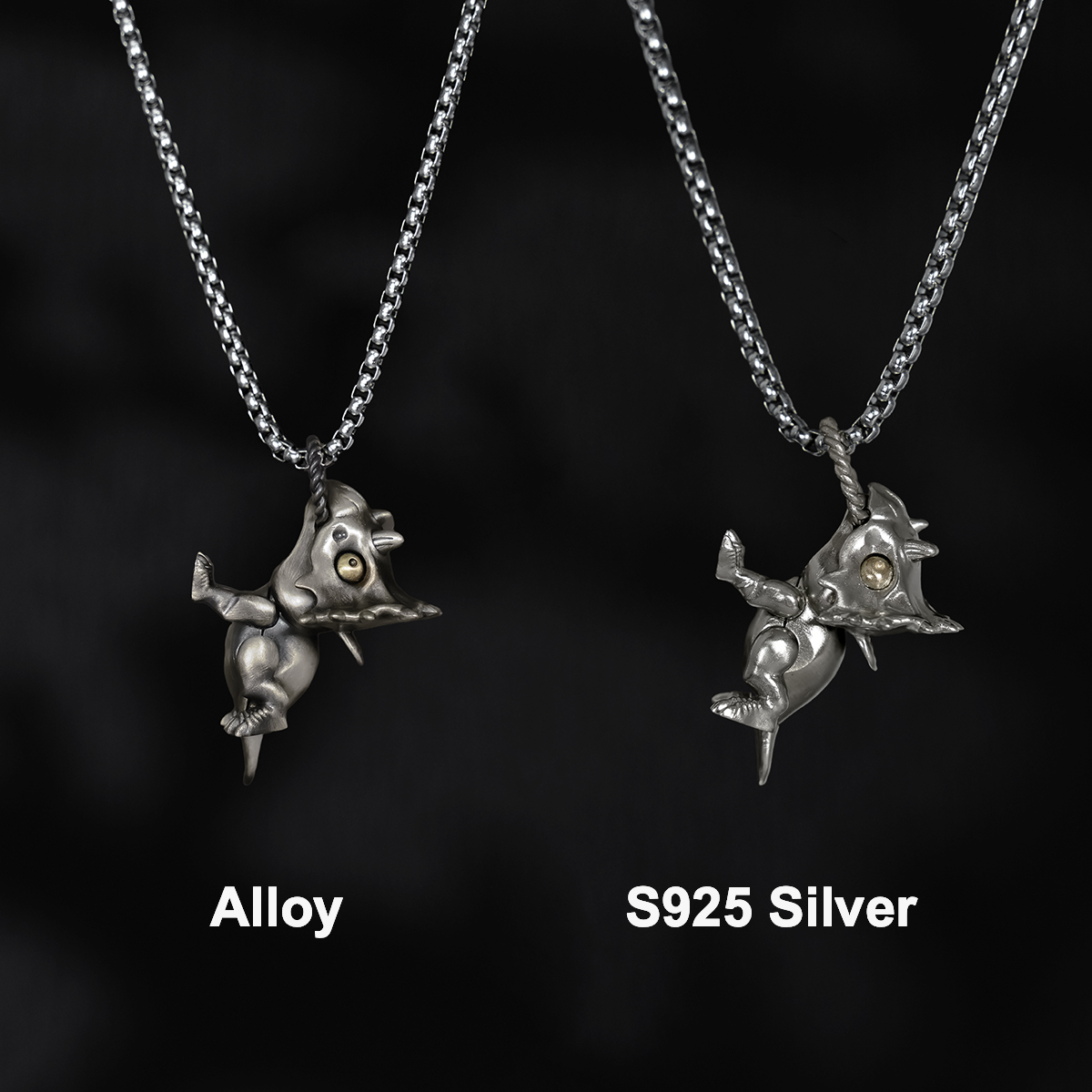 S925 Silver Artistic Triceratops Dino Retro Pendant with Moveable Limbs and Biteable Mouth