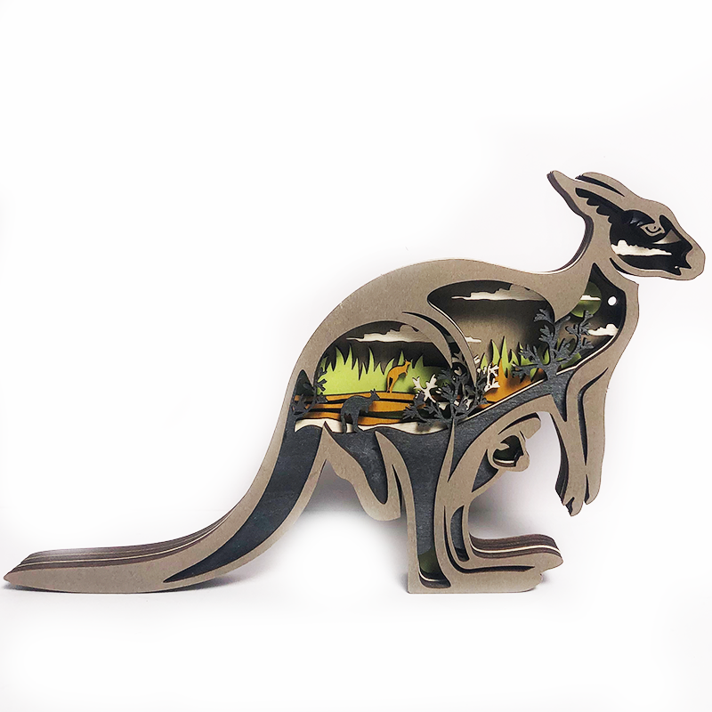 Kangaroo Wood Carving Home Ornament,Multi-Layer Woodland Silhouette Decorate for Shelf Table