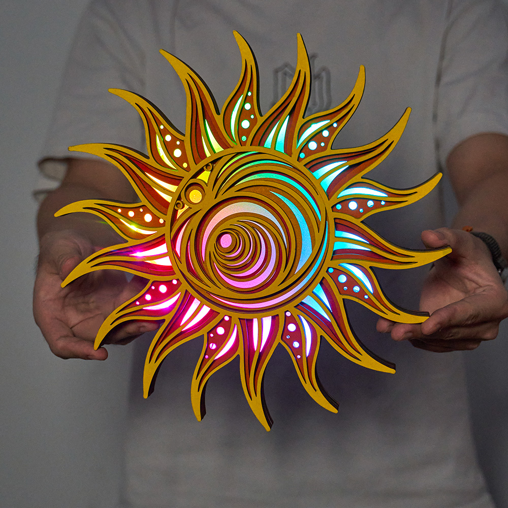 Sun 3D Wooden Carving, Suitable for Home Decoration, Holiday Gift, APP and Remote Control