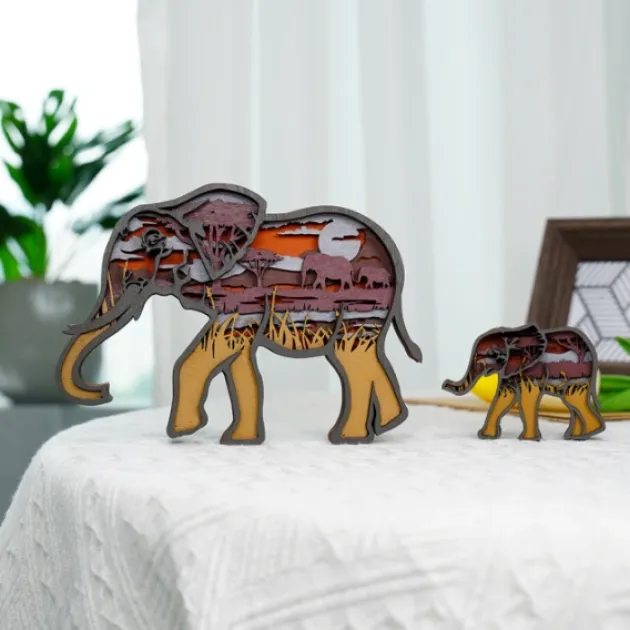 Elephant Wood Animal Statue Lamp with Voice Control and Remote Control